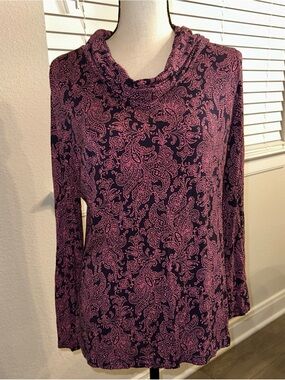 Croft & Barrow Pink/Blue Paisley Cowl Neck L Top Soft Jersey Stretch Blouse